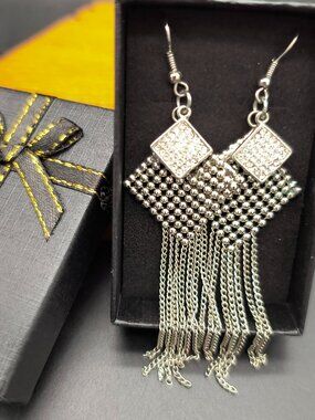 Sparkly Silver Rhinestone Fringe Earrings – Statement Party & Wedding Jewelry